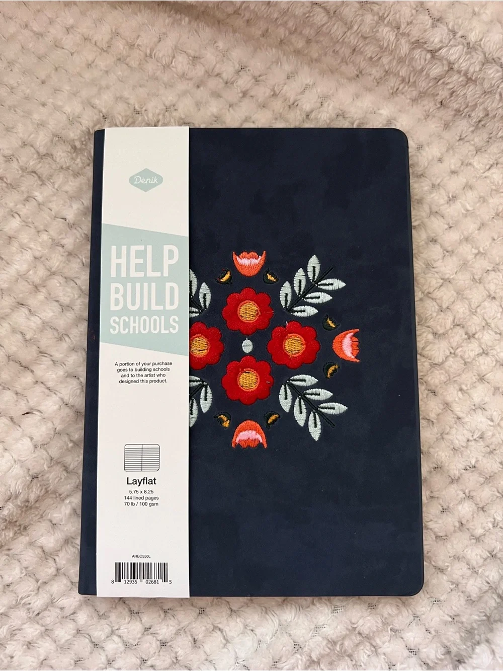 Denik Embroidered Floral Hardcover Journal - Navy
